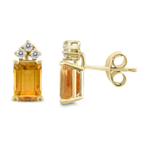 14K Yellow Gold 8x6MM Emerald Shaped Citrine and Three Stone Diamond Earrings- GER59078CT