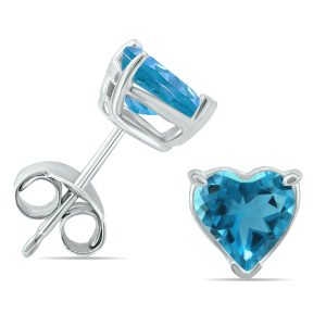 14K White Gold 5MM Heart Blue Topaz Earrings- GER59091BT