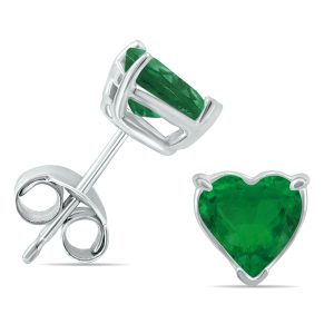 14K White Gold 5MM Heart Emerald Earrings- GER59091EM