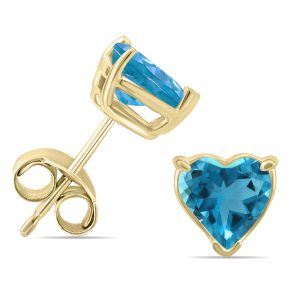 14K Yellow Gold 5MM Heart Blue Topaz Earrings- GER59092BT