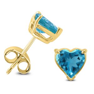 14K Yellow Gold 7MM Heart Blue Topaz Earrings- GER59096BT