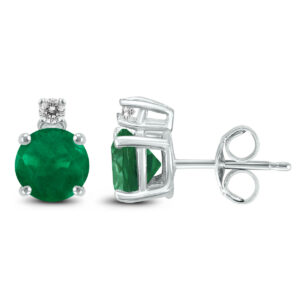 14K White Gold 4MM Round Emerald and Diamond Earrings- GER59120EM