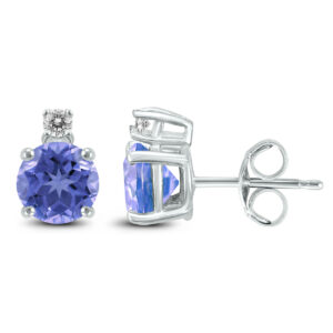 14K White Gold 4MM Round Tanzanite and Diamond Earrings- GER59120TZ
