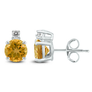 14K White Gold 5MM Round Citrine and Diamond Earrings- GER59121CT