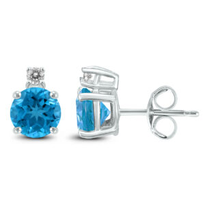 14K White Gold 7MM Round Blue Topaz and Diamond Earrings- GER59123BT