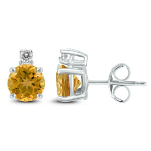 14K White Gold 7MM Round Citrine and Diamond Earrings- GER59123CT