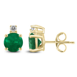 14K Yellow Gold 4MM Round Emerald and Diamond Earrings- GER59124EM