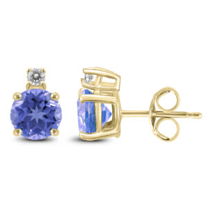 14K Yellow Gold 4MM Round Tanzanite and Diamond Earrings- GER59124TZ
