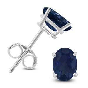 14K White Gold 5x3MM Oval Sapphire Earrings- GER59136SP