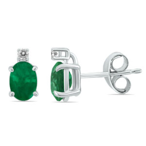 14K White Gold 5x3MM Oval Emerald and Diamond Earrings- GER59140EM