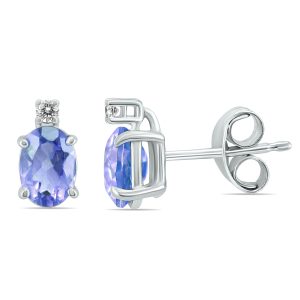 14K White Gold 5x3MM Oval Tanzanite and Diamond Earrings- GER59140TZ