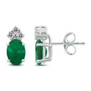 14K White Gold 5x3MM Oval Emerald and Three Stone Diamond Earrings- GER59144EM