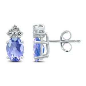 14K White Gold 5x3MM Oval Tanzanite and Three Stone Diamond Earrings- GER59144TZ