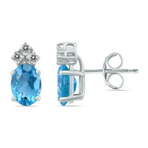 14K White Gold 6x4MM Oval Blue Topaz and Three Stone Diamond Earrings- GER59145BT