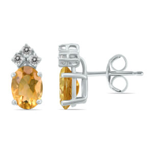 14K White Gold 6x4MM Oval Citrine and Three Stone Diamond Earrings- GER59145CT