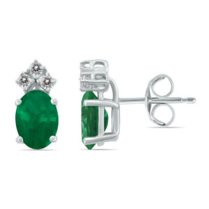 14K White Gold 6x4MM Oval Emerald and Three Stone Diamond Earrings- GER59145EM