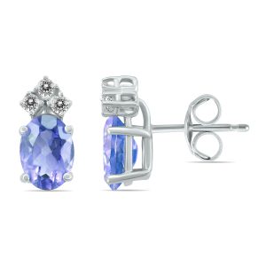 14K White Gold 6x4MM Oval Tanzanite and Three Stone Diamond Earrings- GER59145TZ
