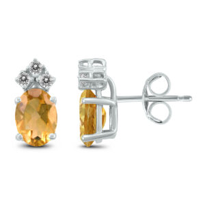 14K White Gold 7x5MM Oval Citrine and Three Stone Diamond Earrings- GER59146CT