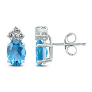 14K White Gold 8x6MM Oval Blue Topaz and Three Stone Diamond Earrings- GER59147BT