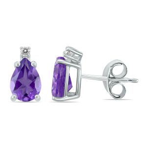 14K White Gold 6x4MM Pear Amethyst and Diamond Earrings- GER59165AM
