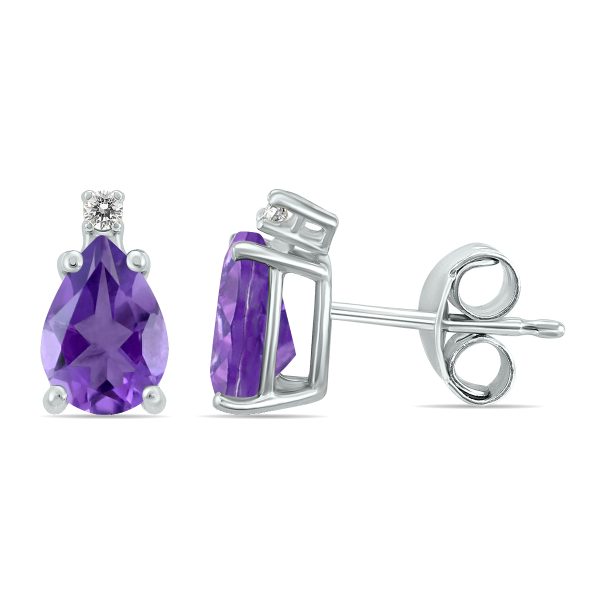 14K White Gold 6x4MM Pear Amethyst and Diamond Earrings- GER59165AM