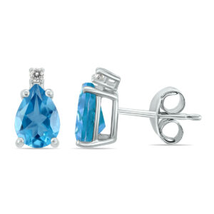 14K White Gold 6x4MM Pear Blue Topaz and Diamond Earrings- GER59165BT