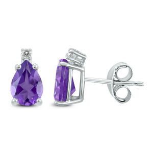 14K White Gold 7x5MM Pear Amethyst and Diamond Earrings- GER59166AM
