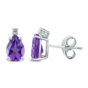 14K White Gold 8x6MM Pear Amethyst and Diamond Earrings- GER59167AM