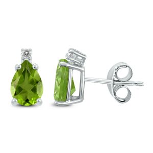 14K White Gold 8x6MM Pear Peridot and Diamond Earrings- GER59167PD