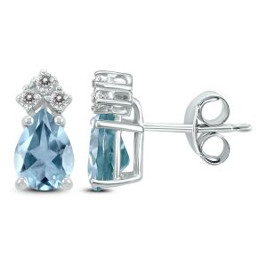 14K White Gold 5x3MM Pear Aquamarine and Three Stone Diamond Earrings- GER59168AQ