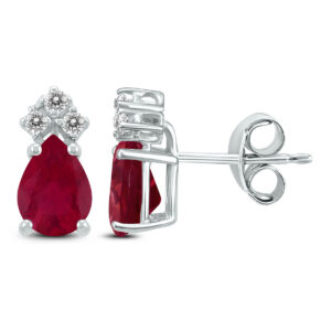 14K White Gold 5x3MM Pear Ruby and Three Stone Diamond Earrings- GER59168RB