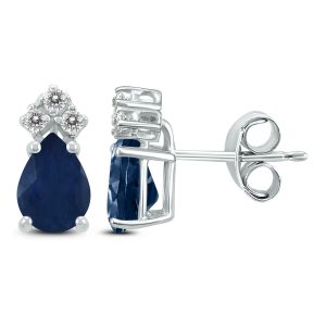 14K White Gold 5x3MM Pear Sapphire and Three Stone Diamond Earrings- GER59168SP