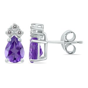 14K White Gold 6x4MM Pear Amethyst and Three Stone Diamond Earrings- GER59169AM