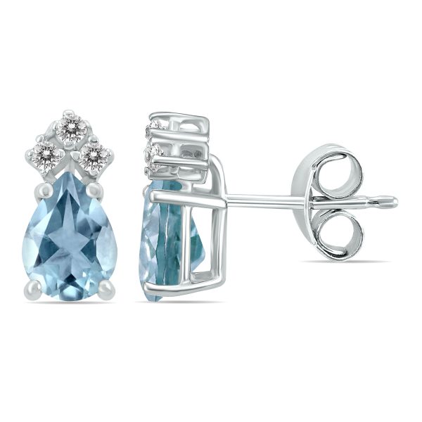 14K White Gold 6x4MM Pear Aquamarine and Three Stone Diamond Earrings- GER59169AQ
