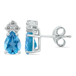 14K White Gold 6x4MM Pear Blue Topaz and Three Stone Diamond Earrings- GER59169BT