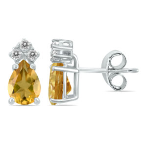 14K White Gold 6x4MM Pear Citrine and Three Stone Diamond Earrings- GER59169CT