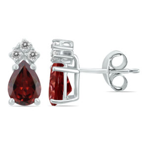 14K White Gold 6x4MM Pear Garnet and Three Stone Diamond Earrings- GER59169GT