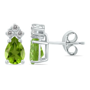 14K White Gold 6x4MM Pear Peridot and Three Stone Diamond Earrings- GER59169PD