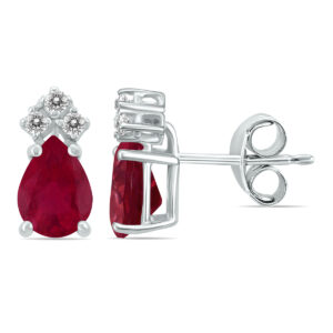 14K White Gold 6x4MM Pear Ruby and Three Stone Diamond Earrings- GER59169RB
