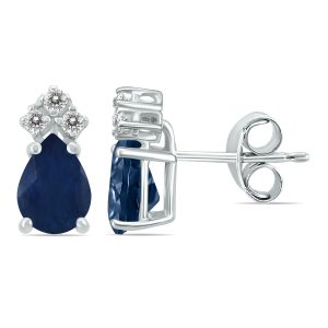 14K White Gold 6x4MM Pear Sapphire and Three Stone Diamond Earrings- GER59169SP