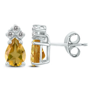 14K White Gold 7x5MM Pear Citrine and Three Stone Diamond Earrings- GER59170CT