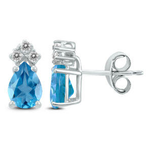 14K White Gold 8x6MM Pear Blue Topaz and Three Stone Diamond Earrings- GER59171BT