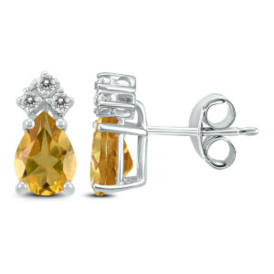 14K White Gold 8x6MM Pear Citrine and Three Stone Diamond Earrings- GER59171CT