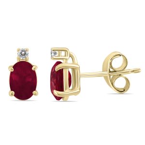 14K Yellow Gold 5x3MM Oval Ruby and Diamond Earrings- GER59187RB