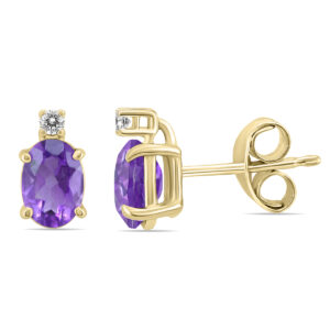 14K Yellow Gold 6x4MM Oval Amethyst and Diamond Earrings- GER59188AM