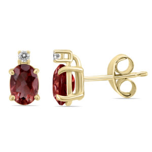14K Yellow Gold 6x4MM Oval Garnet and Diamond Earrings- GER59188GT