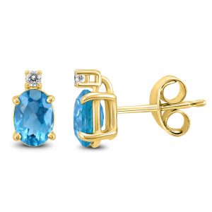 14K Yellow Gold 8x6MM Oval Blue Topaz and Diamond Earrings- GER59190BT