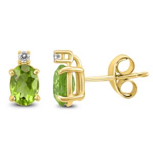 14K Yellow Gold 8x6MM Oval Peridot and Diamond Earrings- GER59190PD