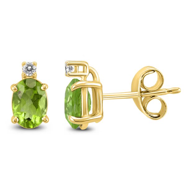 14K Yellow Gold 8x6MM Oval Peridot and Diamond Earrings- GER59190PD