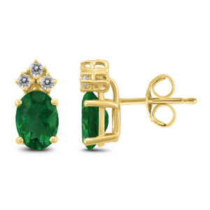 14K Yellow Gold 5x3MM Oval Emerald and Three Stone Diamond Earrings- GER59191EM
